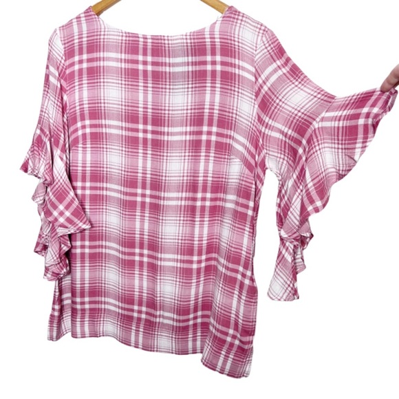 New with Tag Chaps Women’s Plaid Pink White Short Flutter Sleeve Ruffle Blouse - Picture 5 of 16